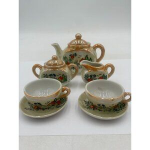 Vintage Hand-Painted Ceramic Mini Tea Set Made In Japan Orange Lustre Ware
